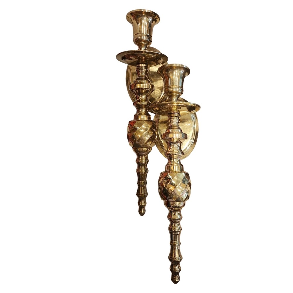 Vintage Solid Brass Wall Sconces Pair Made in India Twisted Spindle Taper Holder